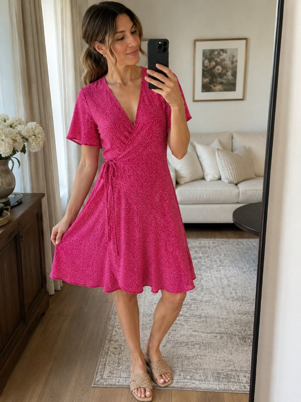 Reitmans Pink Polka Dot Wrap Dress Short Butterfly Sleeve V-Neck Medium